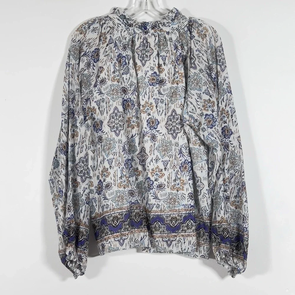 Fate Border‎ Print Tie Neck Peasant Blouse Womens Sz L Long Sleeve Cotton Voile